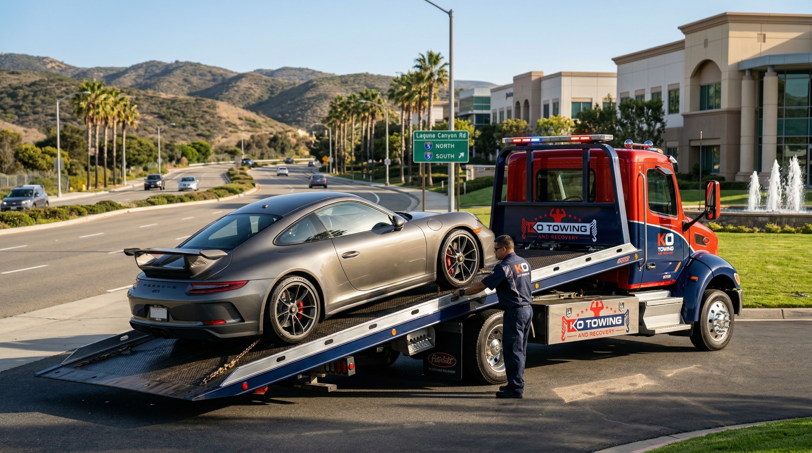 KO Towing flatbed tow truck loading luxury vehicle Orange County