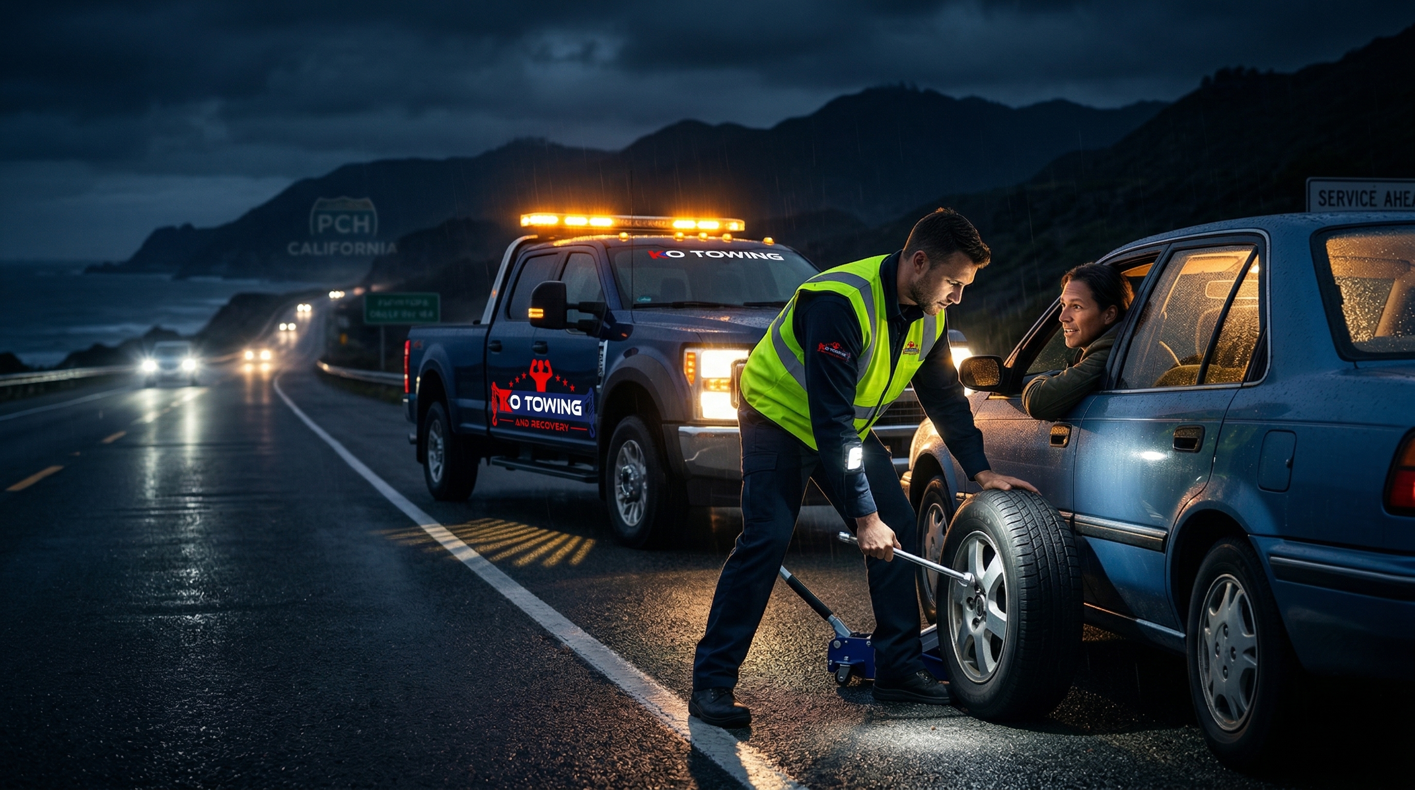 KO Towing roadside assistance technician helping driver Orange County CA